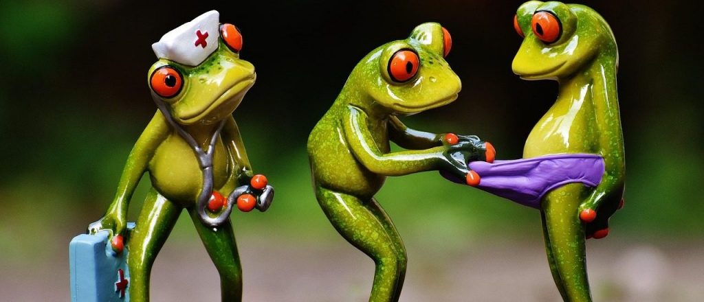 ביקור אצל רופא הנשים מיוצג בידי צעצועי צפרדעים בבדיקה רפואית